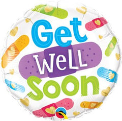 Colorful 'Get Well Soon' floating balloon with various symbols on a white background