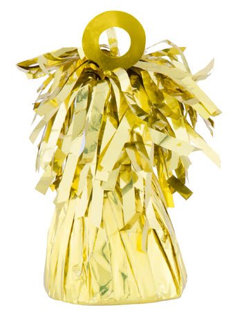 Gold foil balloon weight for holding helium balloon bouquets