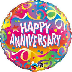 18 inches round floating colorful balloon with 'Happy Anniversary' text on a colorful background