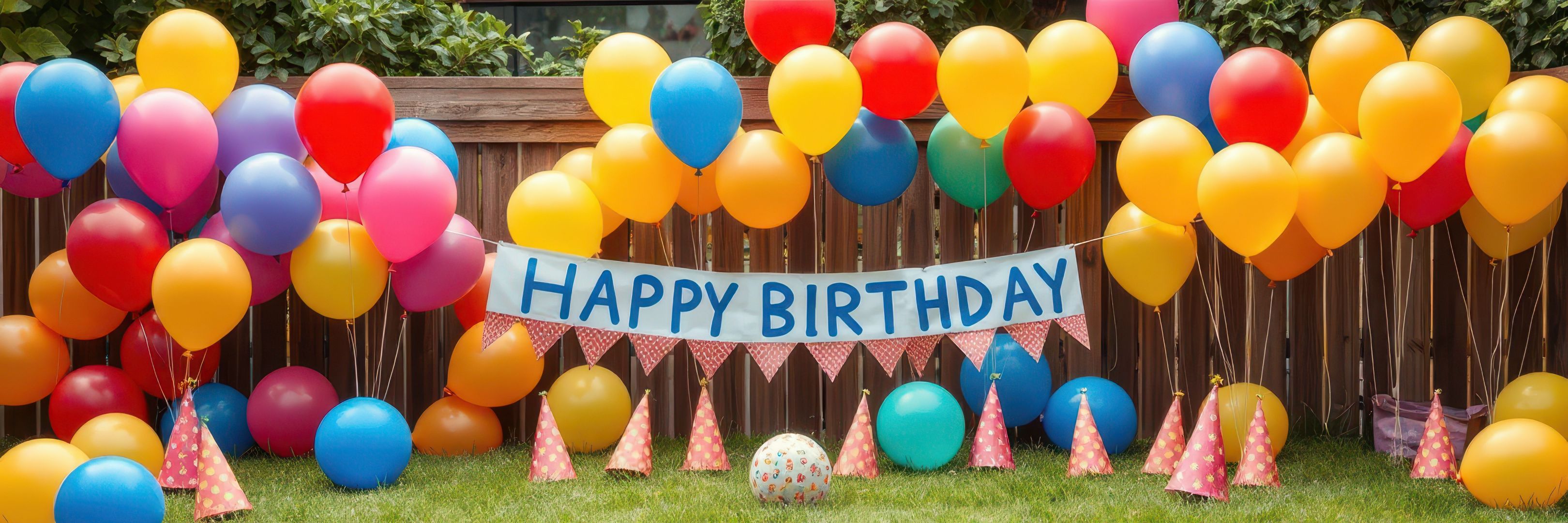 Colorful birthday balloons and banner with 'Happy Birthday' on a grassy area.