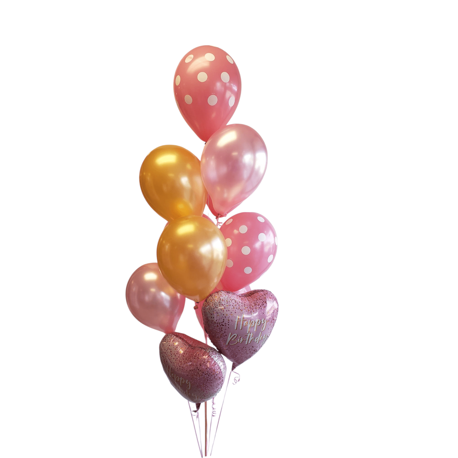 Bouquet of balloons including pink, gold, and glittery heart-shaped balloons on a white background