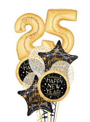 hello 2026 gold balloon bouquet with number balloons and happy new year mylars