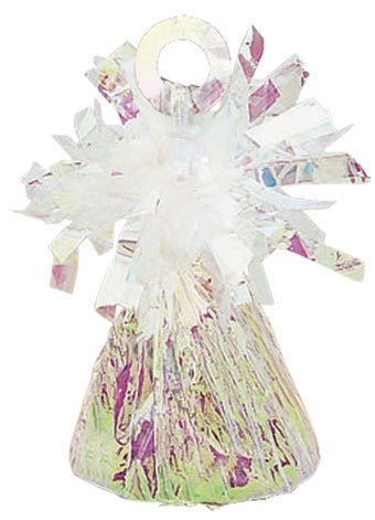 Iridescent foil balloon weight with reflective rainbow shimmer